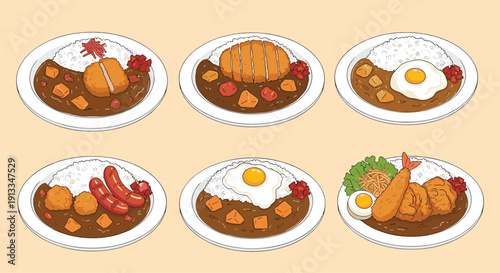 Six plates of delicious Japanese curry served with rice and various toppings like tonkatsu fried egg sausage and shrimp tempura for a meal.