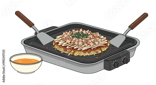 Large savory Japanese okonomiyaki pancake being cooked on an electric griddle with two spatulas and a bowl of batter or sauce nearby.