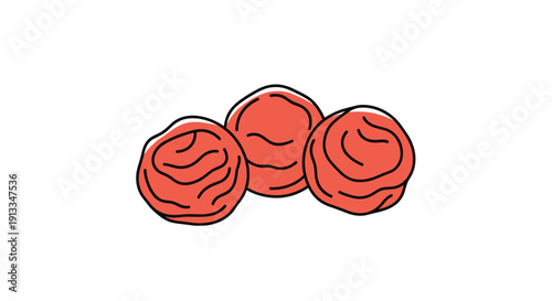 Three traditional Japanese pickled plums known as umeboshi with their characteristic wrinkled red skin and sour salty flavor on white.
