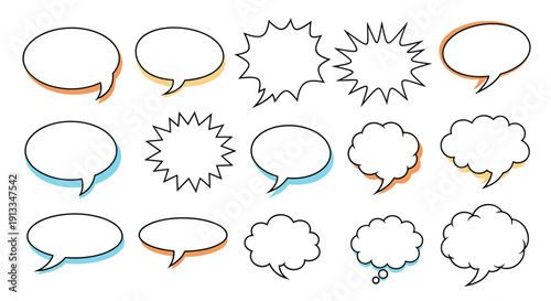 Comprehensive collection of various speech bubbles and thought clouds in different shapes with colorful drop shadows for comic designs.