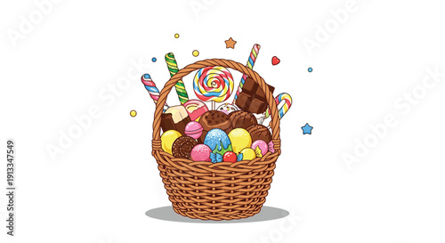 Decorative wicker basket overflowing with an assortment of colorful candies chocolates lollipops and treats for a celebration or gift.