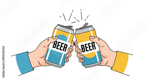 Two hands holding open cans of beer clinking together in a celebratory toast with motion lines representing a cheerful gathering or party.