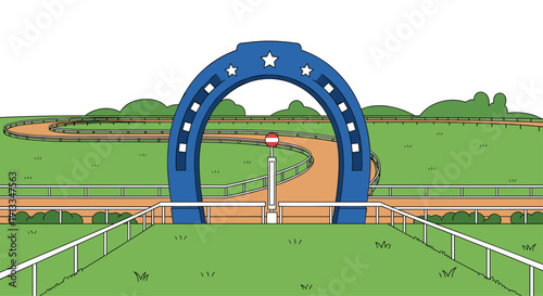 Horse racing track viewed through a large blue horseshoe shaped archway at the finish line with green fields and fences under a white sky.