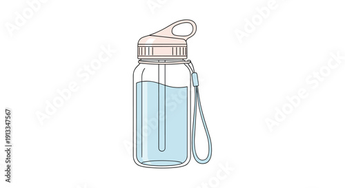 Reusable clear plastic or glass water bottle with a light pink cap and a handy carrying strap for fitness and daily hydration needs.