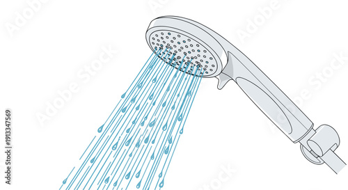 Close up of a modern chrome shower head spraying multiple streams of clean blue water droplets for a refreshing bathroom scene in a household.