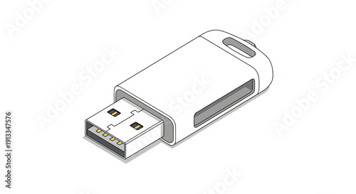Sleek isometric illustration of a white USB thumb drive with a protective casing for storing important digital documents and media files.