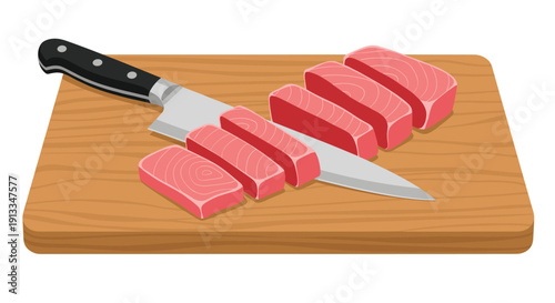Sharp kitchen knife slicing a fresh piece of red tuna or beef into thick even pieces on a wooden cutting board for meal preparation.