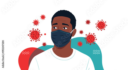 Black man wearing a protective dark face mask surrounded by red coronavirus or germ particles for health awareness and safety during a pandemic.