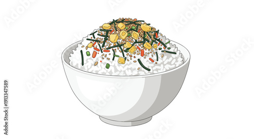 Traditional white rice served in a ceramic bowl topped with colorful seasonings like corn, seaweed, and vegetable flakes.