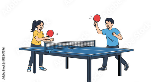 Young man and woman enjoying a competitive game of table tennis or ping pong over a blue table with red paddles.