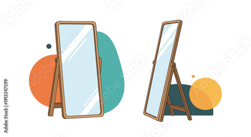 Full length standing mirrors with elegant wooden frames shown from front and side perspectives against abstract colorful shapes.