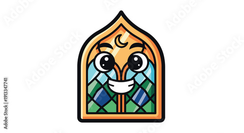 Stained Glass Cartoon Face with Crescent Moon.