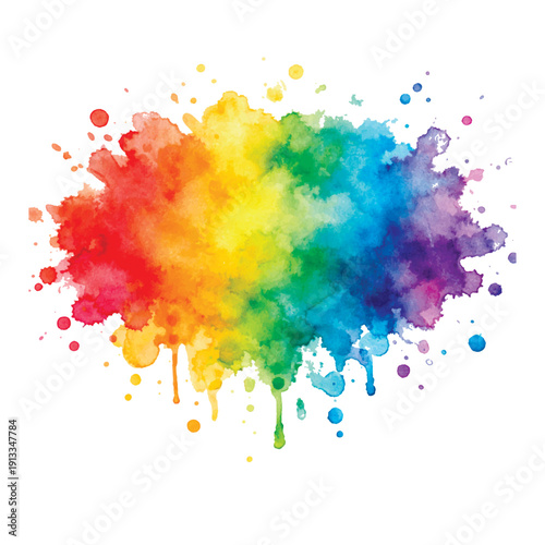 Vibrant rainbow watercolor splash on white background. Colorful ink blot with paint drips and splatters. Artistic vector illustration for creative design, pride, and Holi festival concepts.
