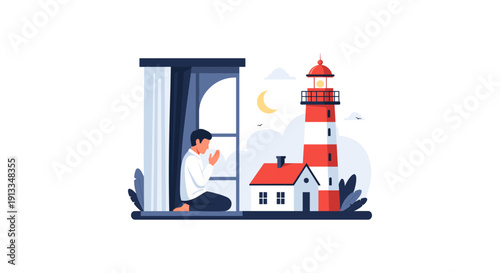 Man Meditating by Window with Lighthouse and House Outside at Night