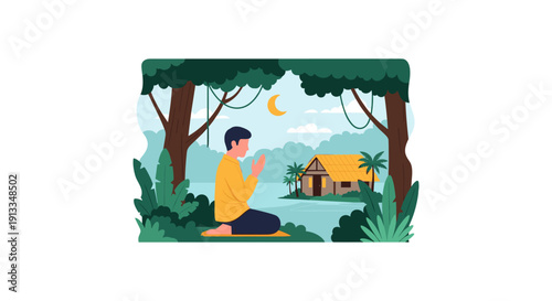 Man Meditating in Serene Tropical Nature Scene at Night