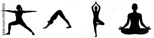 Illustration of four black silhouette yoga poses for meditation and fitness