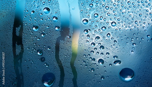 Close Up Of Water Droplets On Glass With Blurred Blue Background