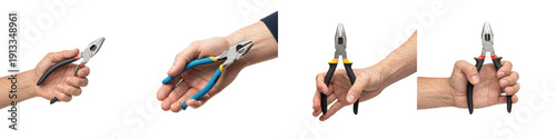 Cuadro en lienzo Set and collection of hands holding various metal pliers and industrial wire cut