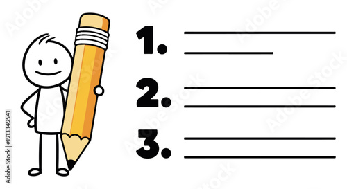 A cheerful stick figure holding a large pencil next to blank lines for writing or drawing, symbolizing creativity and education.