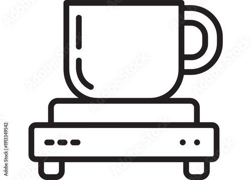 Coffee mug icon on electronic hot plate warmer in bold outline style, simple black line vector illustration for kitchen appliance, cafe, tea break, and beverage branding