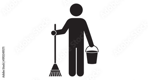 A person holding a broom and bucket, standing in a cleaning pose, symbolizing household chores and maintenance.
