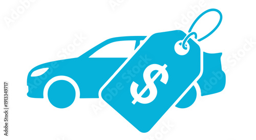 Blue icon of a car with a price tag and dollar sign, symbolizing vehicle cost and sales concept