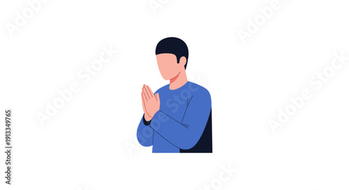 Man Praying with Clasped Hands in Blue Sweater, Simple Illustration Style