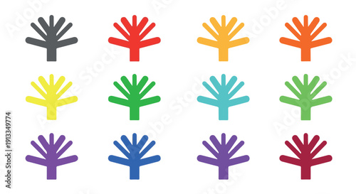 A set of twelve colorful tree icons in various vibrant colors on a Transparent Background for design and branding purposes.