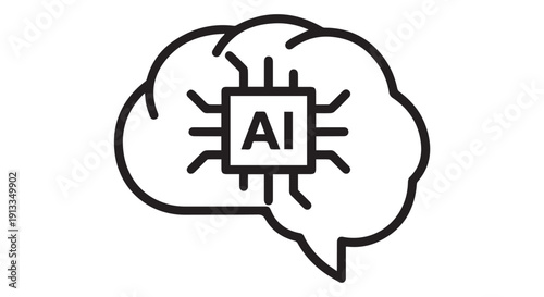 A black line art illustration of a brain with a microchip and the letters AI representing artificial intelligence and machine learning concepts in a speech bubble.