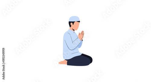 Man Praying Kneeling with Hands Together in Serene White Background