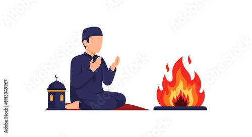 Man Praying Beside Fire and Lantern on Prayer Mat in Meditation