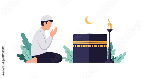 Man Praying Near Kaaba with Crescent Moon, Serene Islamic Scene
