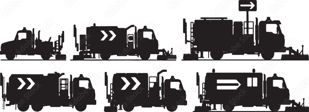 Obraz premium Black Solid Road Marking Truck Silhouettes Set of Six on White Background
