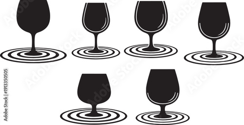 Black Solid Ripple Wine Glasses Silhouettes Set of Six on White Background