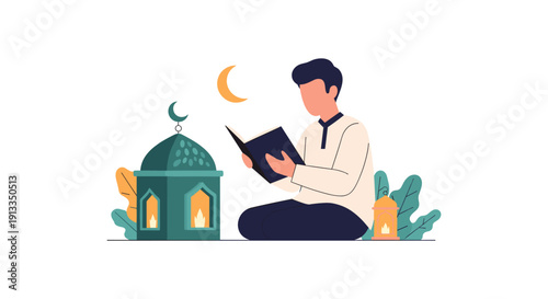 Man Reading Quran Beside Mosque Under Crescent Moon, Serene Illustration