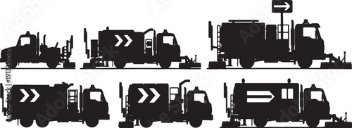 Black Solid Road Marking Truck Silhouettes Set of Six on White Background