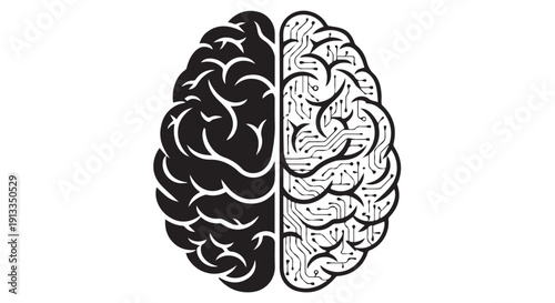 Black and white illustration of a brain divided into two halves, one with organic and one with circuit board design elements.