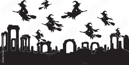 Black Solid Ruins Flight Witch Silhouettes Set of Six on White Background