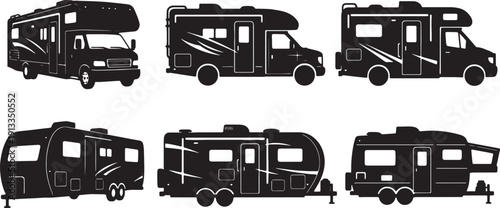 Black Solid RV Motorhome Silhouettes Set of Six on White Background