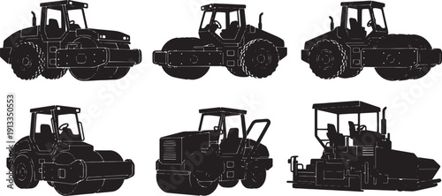 Black Solid Various Types of Road Roller Silhouettes Set of Six on White Background