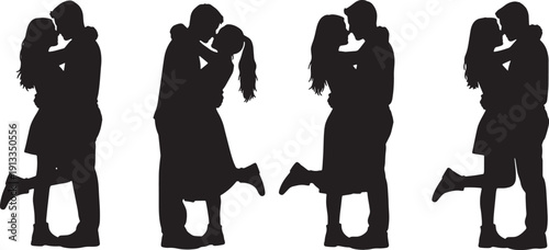 Black Solid Romantic Couples Standing Embrace Set of Six on White Background