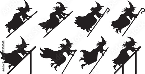 Black Solid Rollercoaster Flight Witch Silhouettes Set of Six on White Background