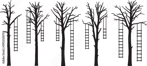 Black Solid Rope Ladder Tree Silhouettes Set of Six on White Background