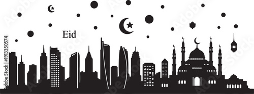 Eid celebration cityscape silhouette featuring modern skyscrapers and traditional mosques under a starry sky with crescent moon and decorative elements, transparent background.