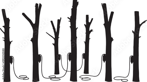 Black Solid Sap Bag Tree Silhouettes Set of Six on White Background