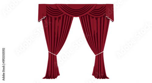 A pair of elegant red curtains tied back with white ties on a Transparent Background, perfect for theater or home decor.