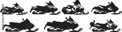 Black Solid Diverse Snowmobile Silhouettes Set of Six on White Background
