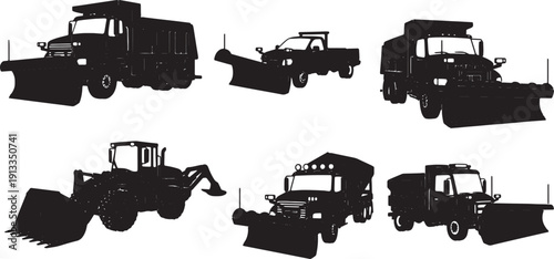 Black Solid Snowplow Truck Silhouettes Set of Six on White Background