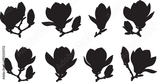 Black Solid Southern Magnolia Tree Silhouettes Set of Six on White Background