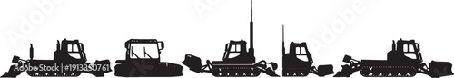 Black Solid Different Types of Specialized Snow Groomer Silhouettes Set of Six on White Background
